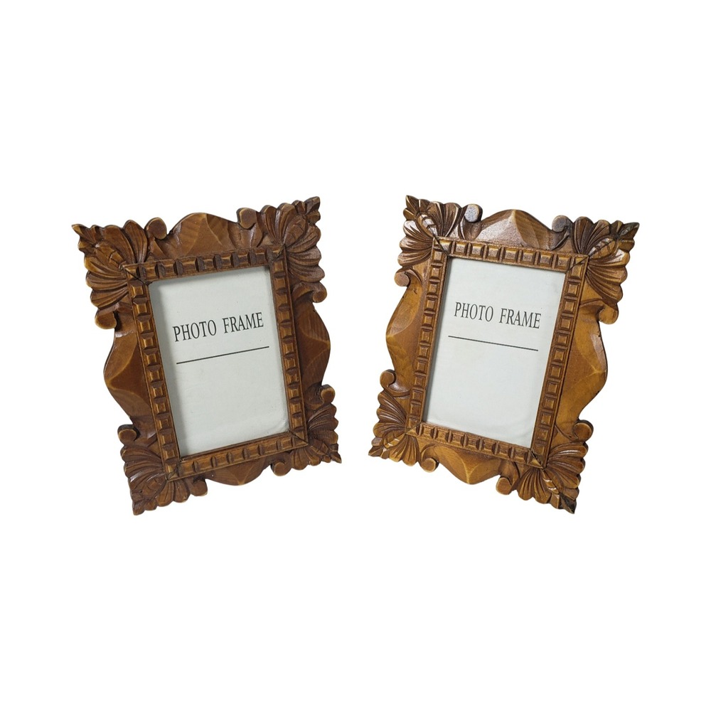 Set of 2 Ornate Carved Dark Wood 4x6 Photo Frames Tabletop Easel Back FM0703A